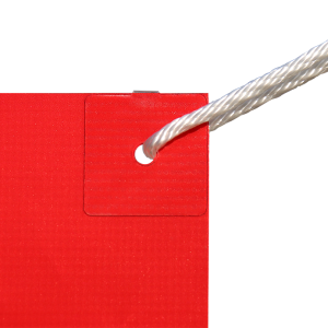Red BravoTabs banner tab with rope threaded through the reinforced corner hole
