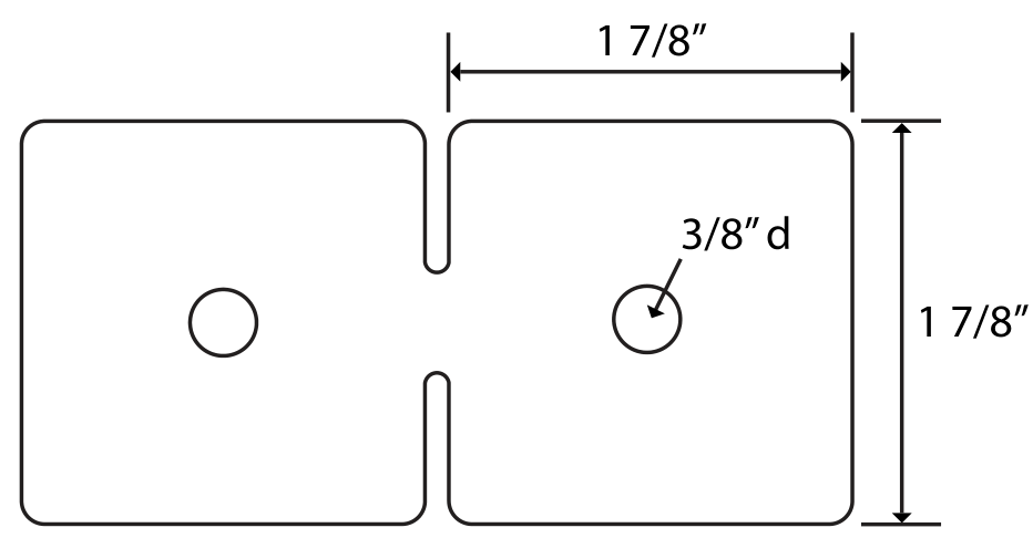 BAN017 Crystal Clear BravoTabs — technical drawing with dimensions: 1⅞" wide, 1⅞" tall, 3/8" hole